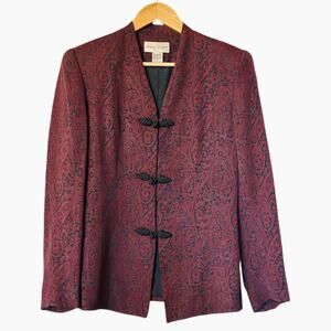 Vintage CASUAL CORNER Women’s 8 Floral Burgundy Jacquard Asian Tang Suit Jacket